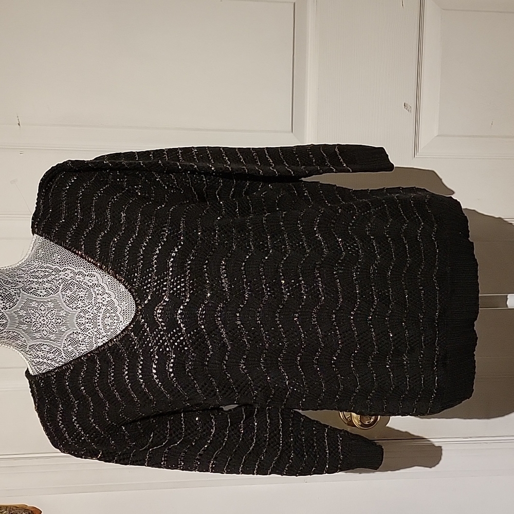 Cuddle Knit Black Gold Metallic See Through Long Sleeve PullOver Sweater New